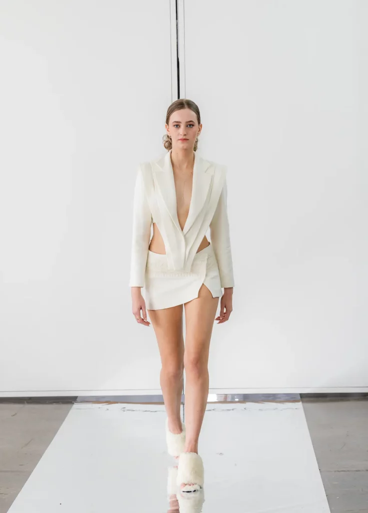 Model walking the runway in New York wearing Alisa Dudaj's Alpine Whisperers 
