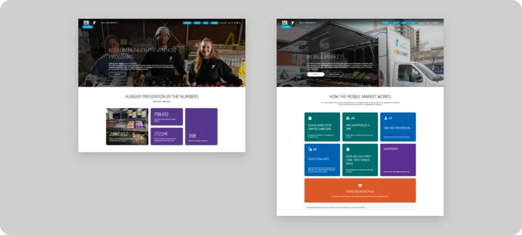 Desktop designs of the YMCA of Greater Boston Food Access and Mobile Market pages side by side