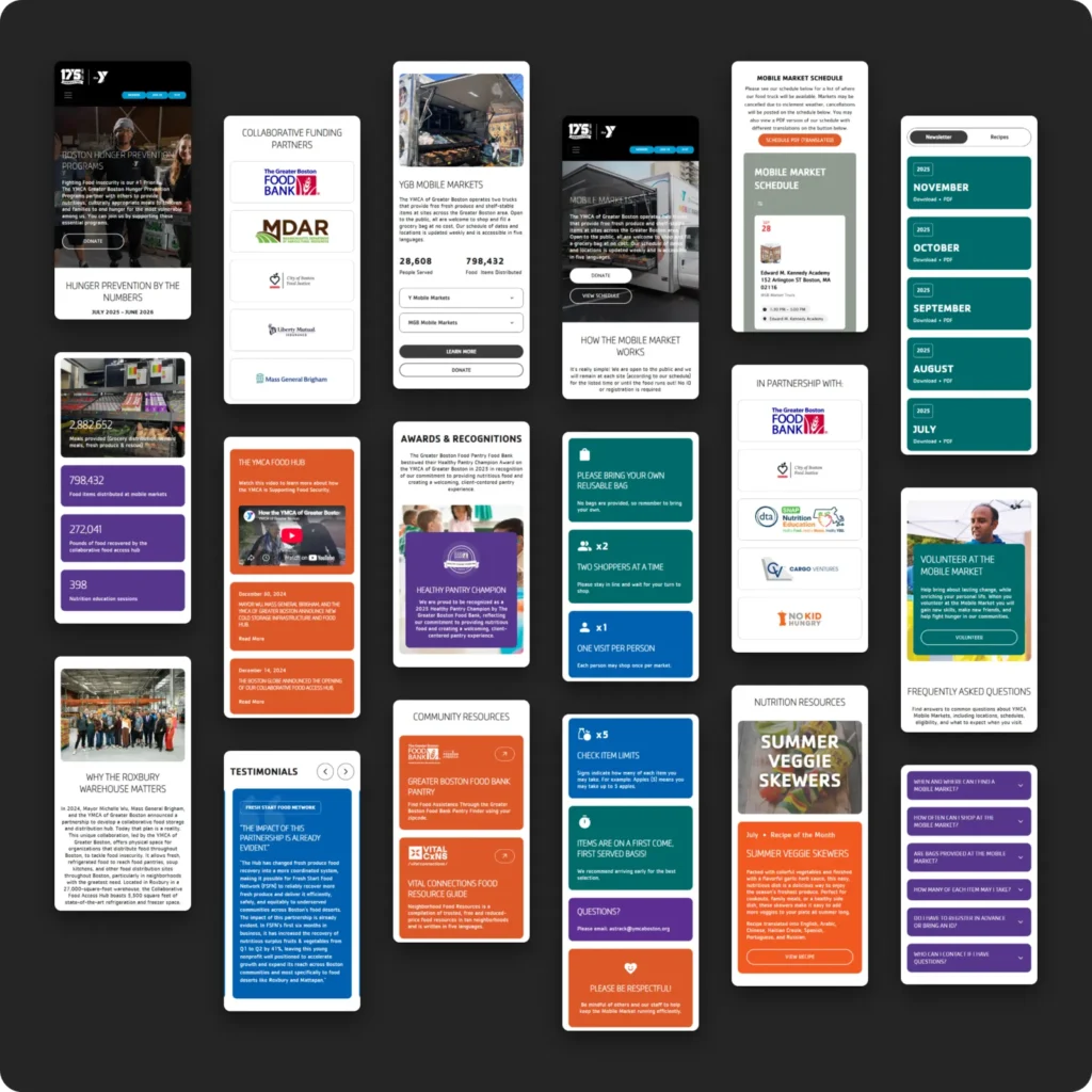 Mobile views of the YMCA of Greater Boston Food Access and Mobile Market pages