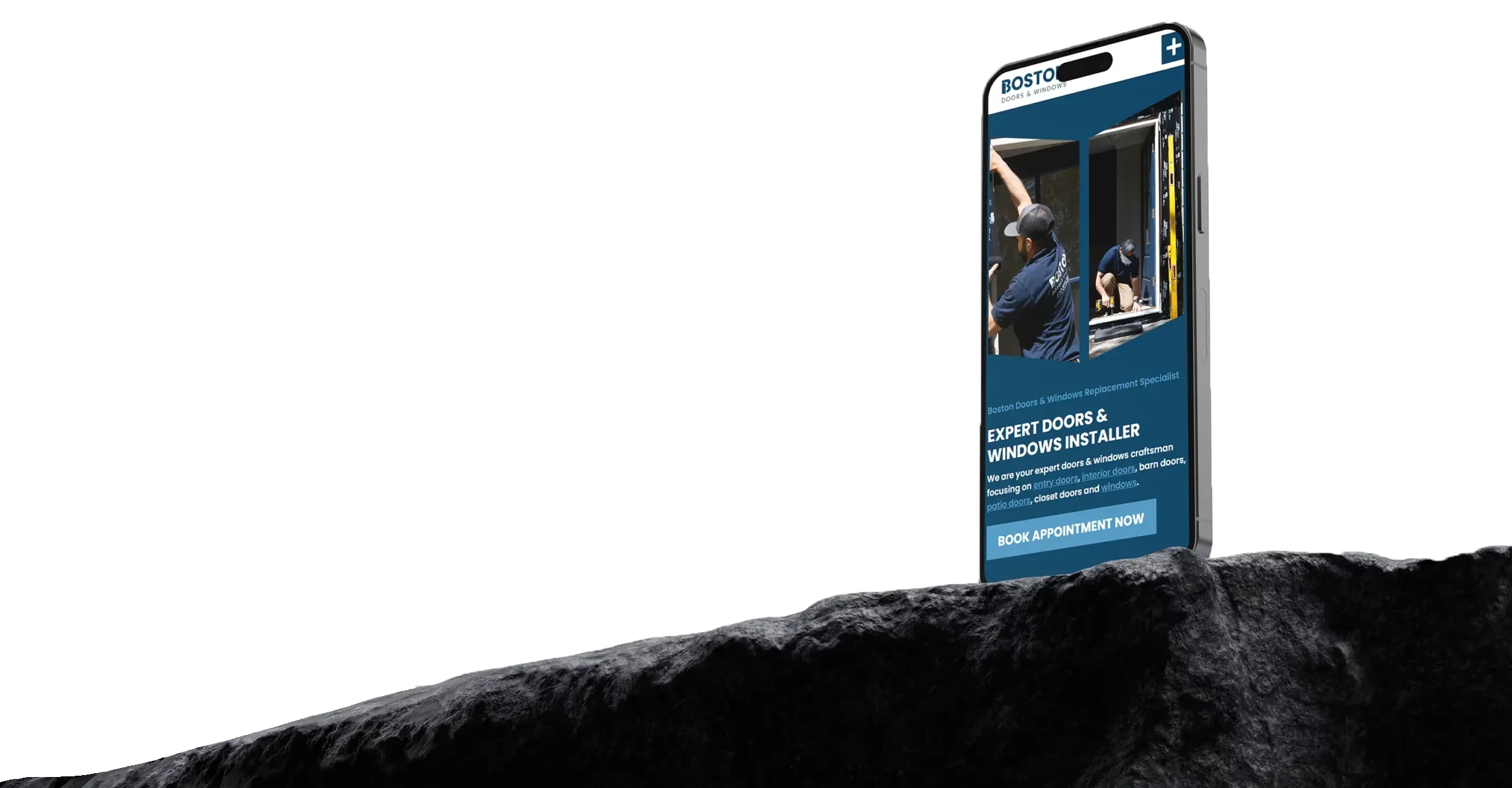 The Boston Doors & Windows website by Rootless Agency on a phone standing on a long rock