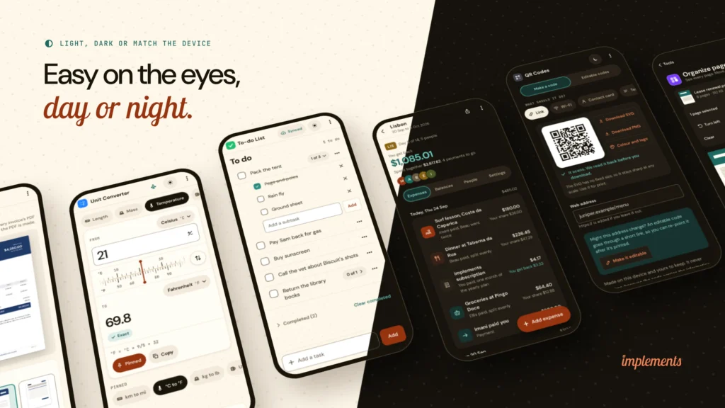 Light and dark theme versions of the implements tool screens, for day or night
