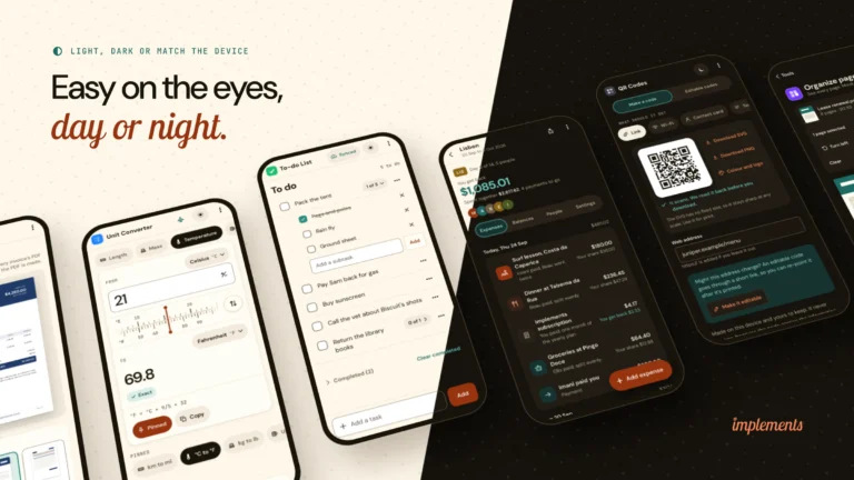 Light and dark theme versions of the implements tool screens, for day or night