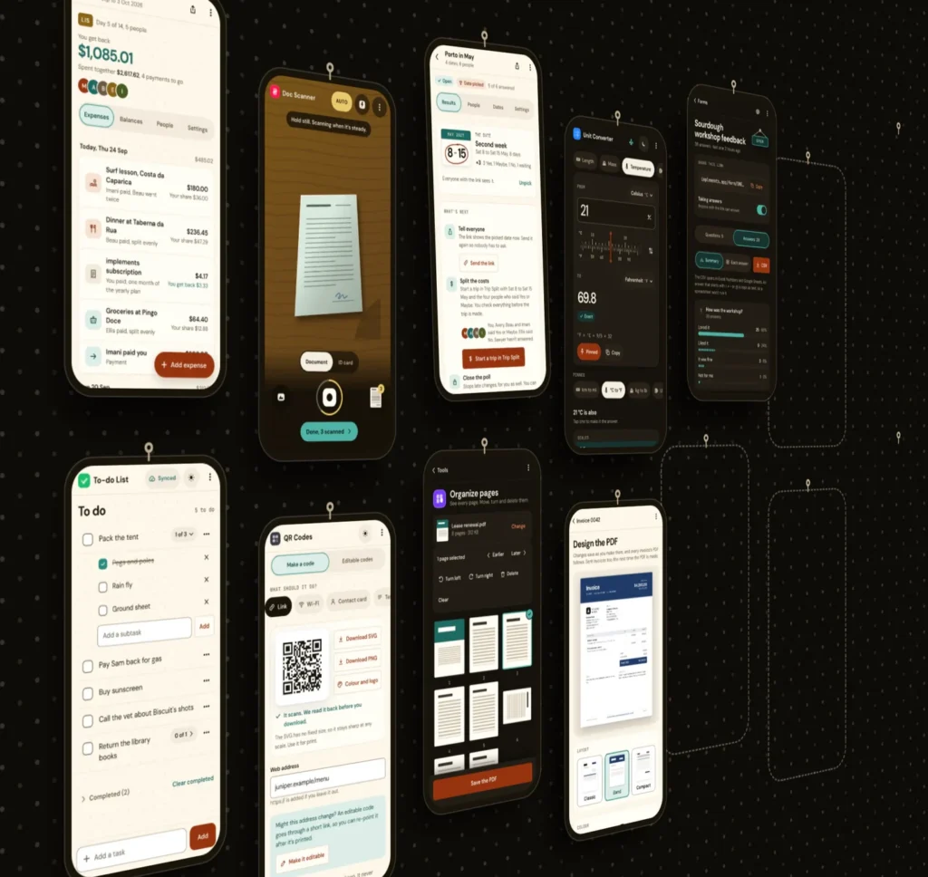 implements app screens for each tool, laid out on a pegboard