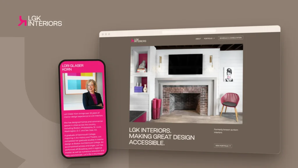 LGK Interiors homepage on a desktop browser, beside Lori Glaser Korn's hot pink bio on a phone
