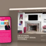 LGK Interiors homepage on a desktop browser, beside Lori Glaser Korn's hot pink bio on a phone