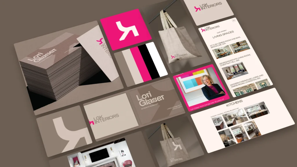 LGK Interiors identity board: cream chair icon on hot pink, palette swatches, business cards, tote bags and gallery pages